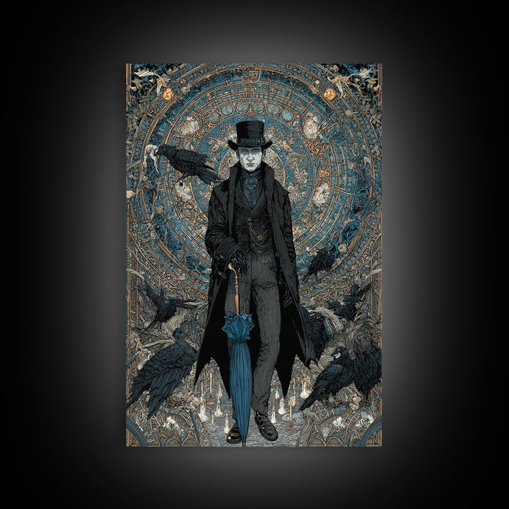 The Bat Umbrella Salesman, Stained Glass Gothic Art, Vertical Wall Art, Macabre Wall Art, Canvas Print, Halloween Wall Art, Halloween Decor