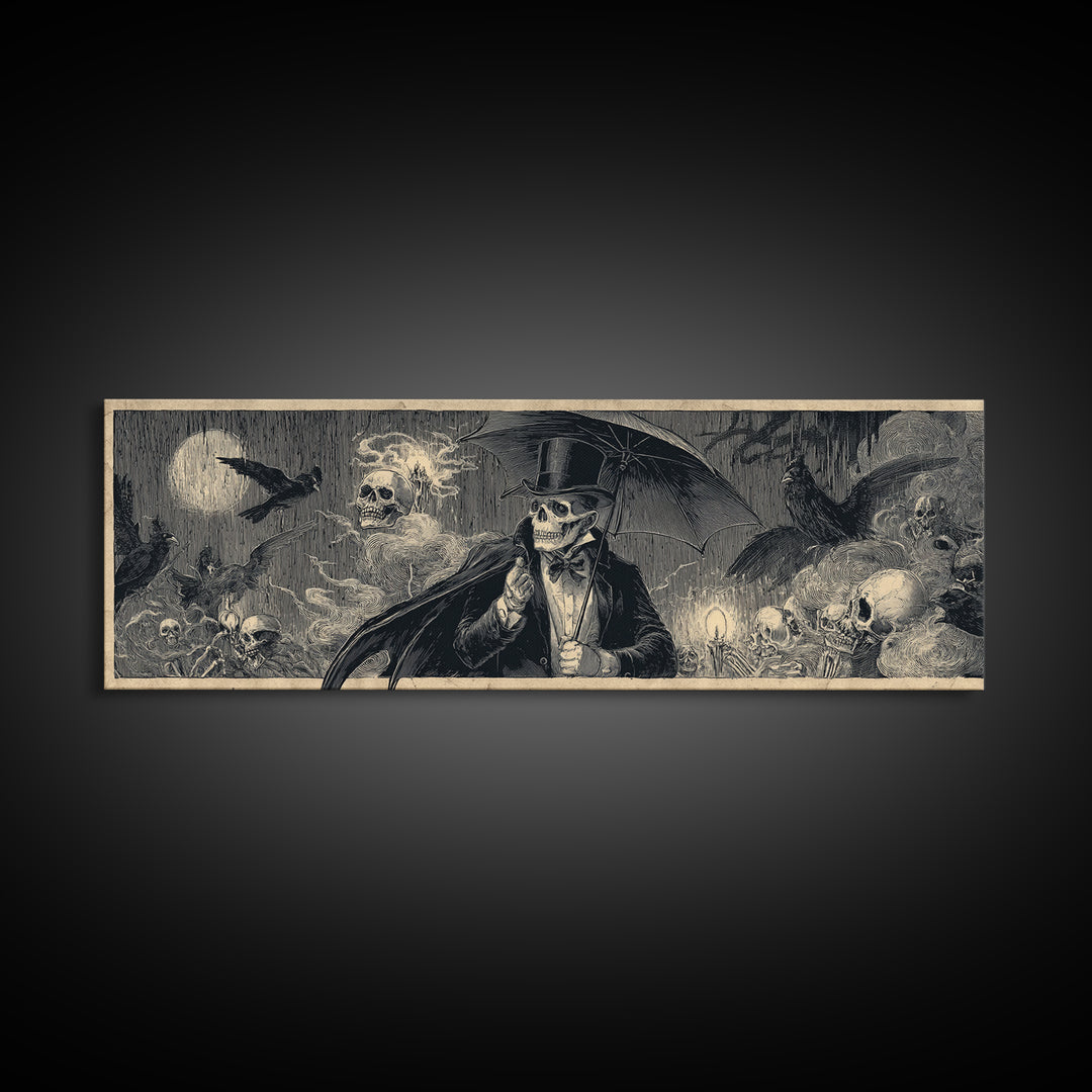 The Bat Umbrella Salesman, Macabre Folk Print Art, Extra Wide Wall Art, Dark Fantasy Wall Art, Canvas Print, Halloween Wall Art