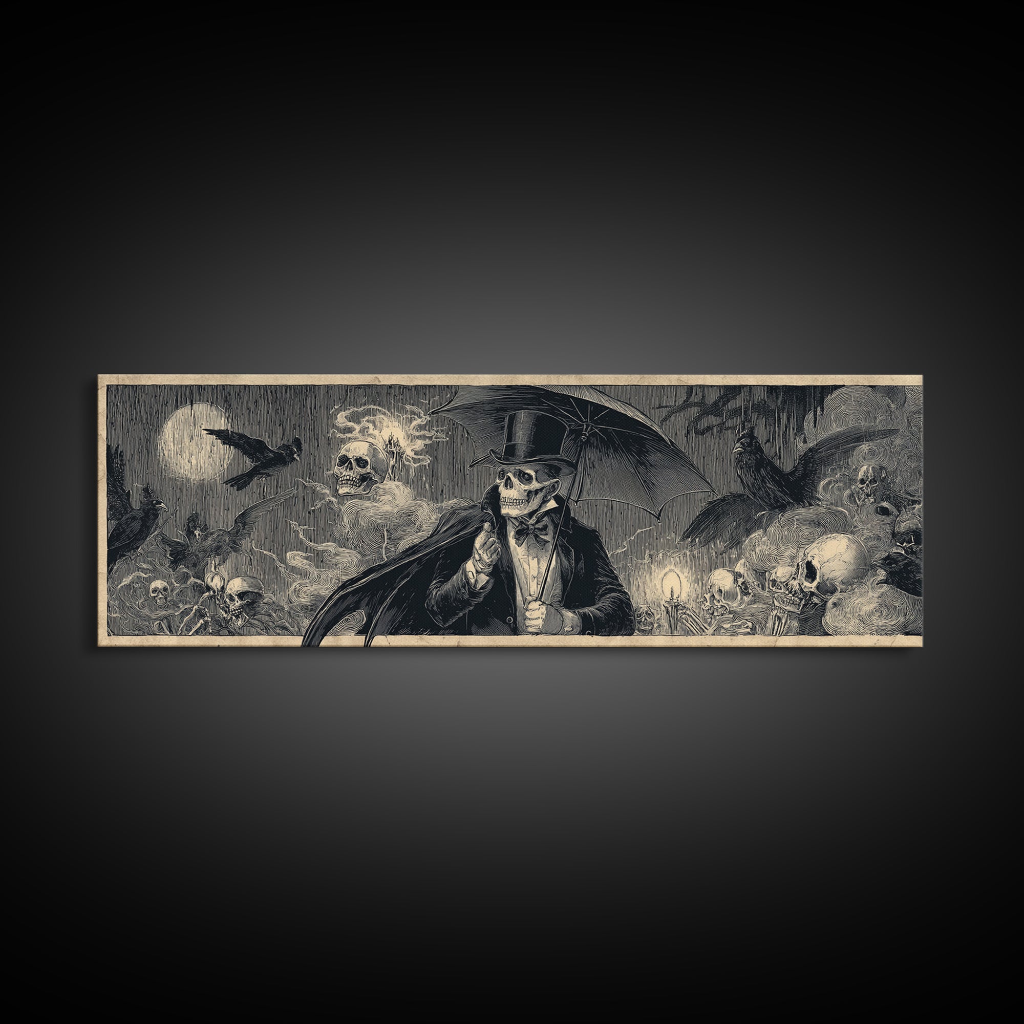 The Bat Umbrella Salesman, Macabre Folk Print Art, Extra Wide Wall Art, Dark Fantasy Wall Art, Canvas Print, Halloween Wall Art
