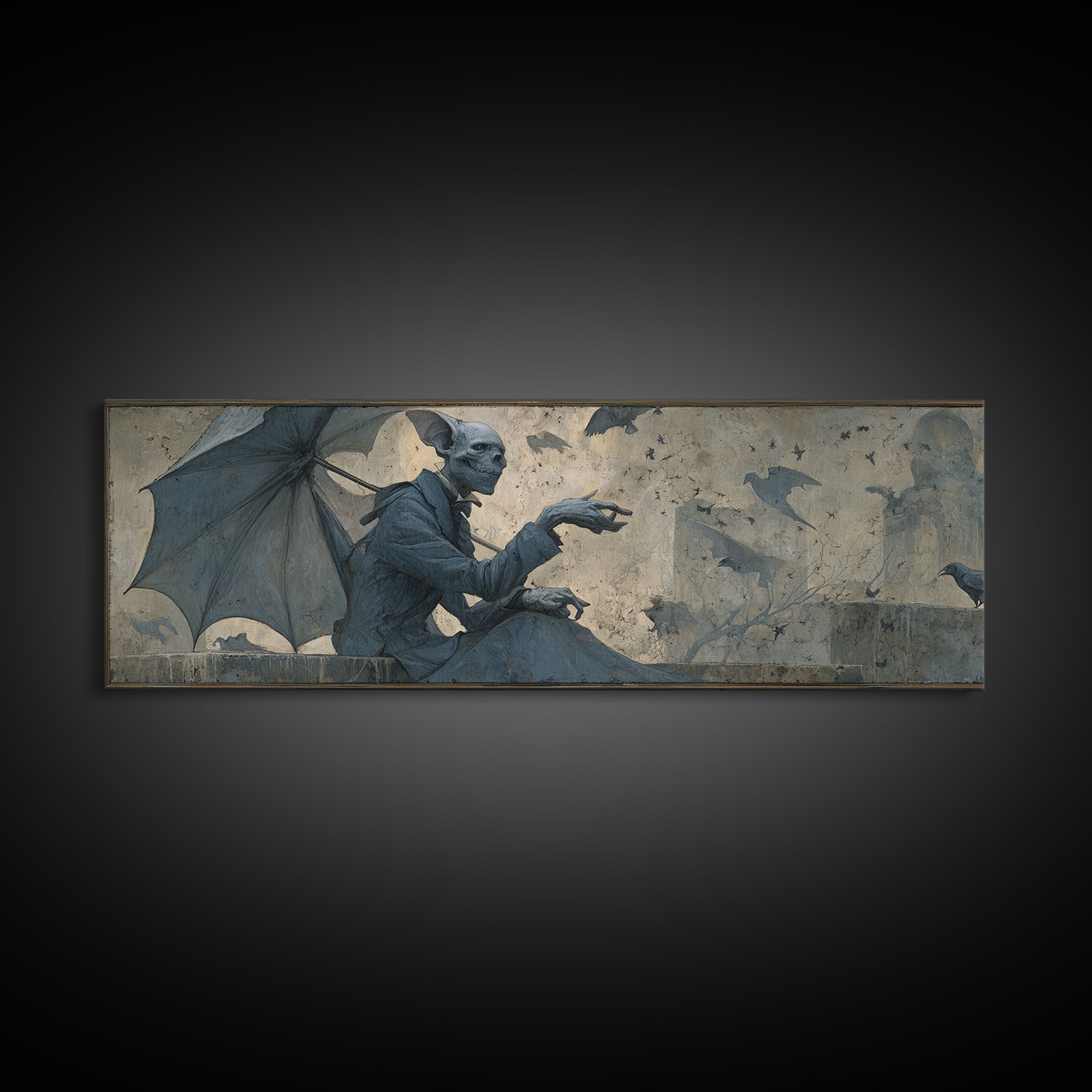 The Bat Umbrella Salesman, Surreal Apocalyptic Art, Extra Wide Wall Art, Macabre Wall Art, Framed Canvas Print, Halloween Wall Art