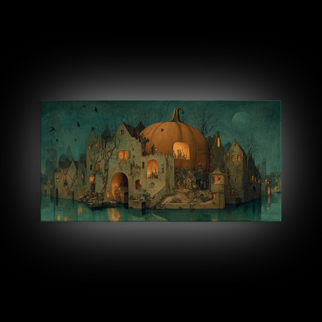 The Pumpkin-House Neighborhood, Medieval Grotesque Art, Wide Panoramic Art, Macabre Wall Art, Framed Canvas Print, Halloween Wall Art