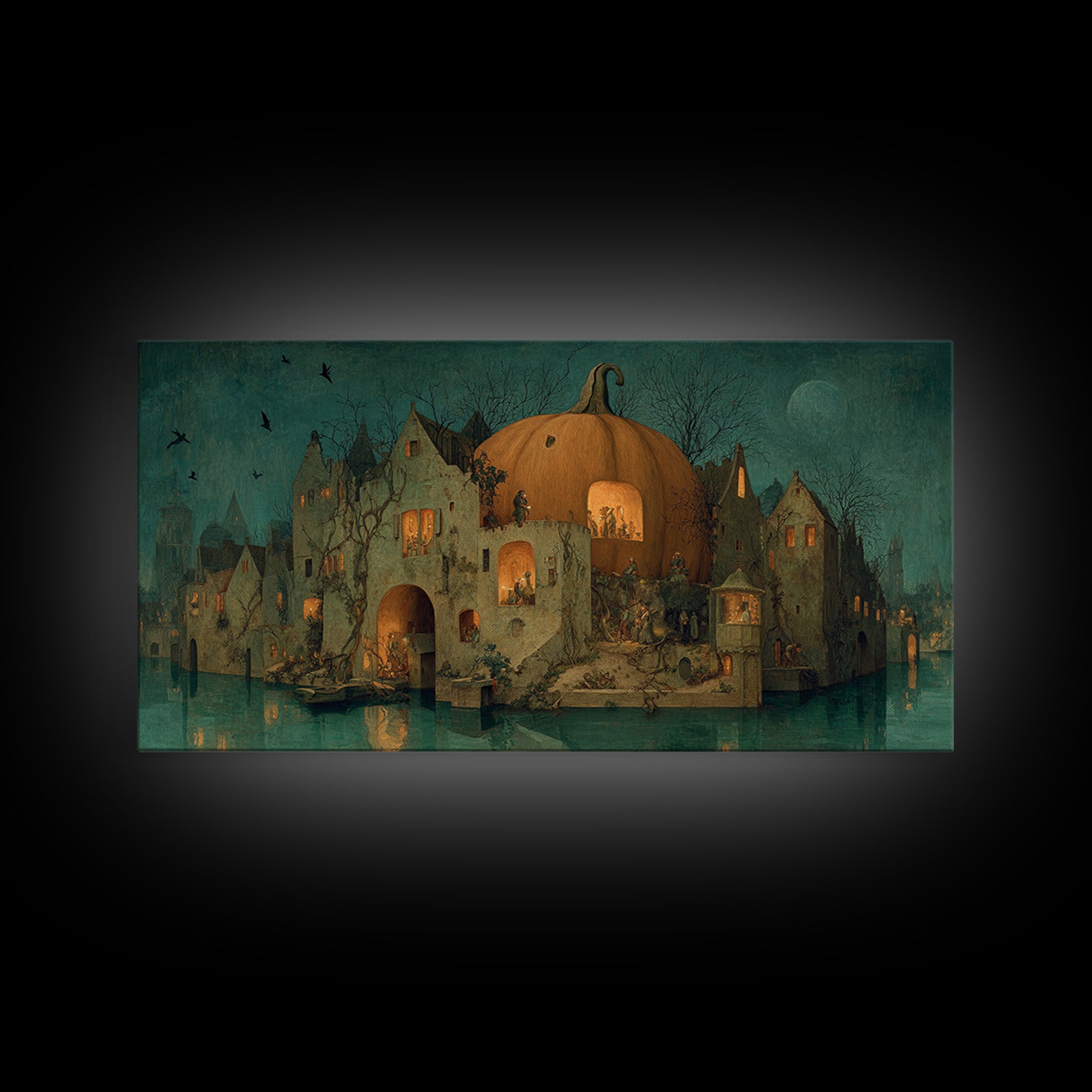 The Pumpkin-House Neighborhood, Medieval Grotesque Art, Wide Panoramic Art, Macabre Wall Art, Framed Canvas Print, Halloween Wall Art
