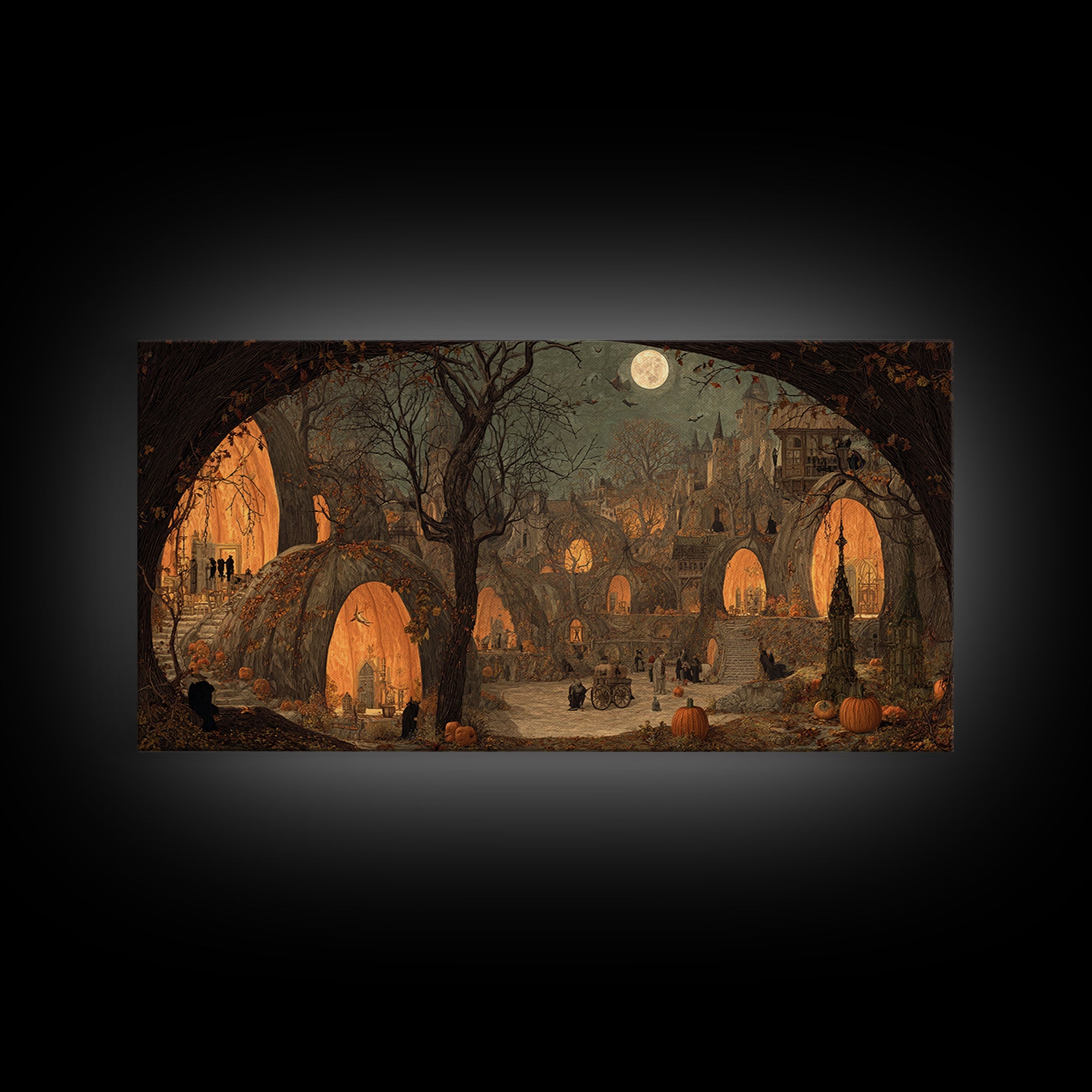 The Pumpkin-House Neighborhood, Northern Renaissance Horror, Wide Panoramic Art, Dark Fantasy Wall Art, Framed Canvas Print