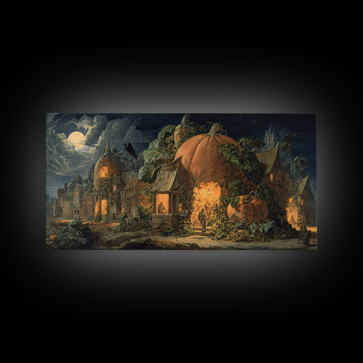 The Pumpkin-House Neighborhood, Dark Renaissance Art, Wide Panoramic Art, Dark Halloween Decor, Framed Canvas Print
