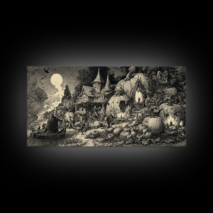The Pumpkin-House Neighborhood, Renaissance Engraving Art, Wide Panoramic Art, Dark Halloween Decor, Canvas Print, Halloween Wall Art