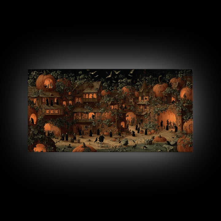 The Pumpkin-House Neighborhood, Danse Macabre Art, Wide Panoramic Art, Macabre Wall Art, Framed Canvas Print