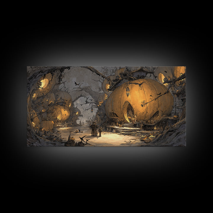 The Pumpkin-House Neighborhood, Baroque Witchcraft Art, Wide Panoramic Art, Dark Halloween Decor, Framed Canvas Print