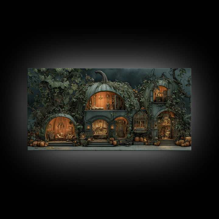 The Pumpkin-House Neighborhood, Gothic Nightmare Art, Wide Panoramic Art, Dark Halloween Decor, Canvas Print, Halloween Wall Art