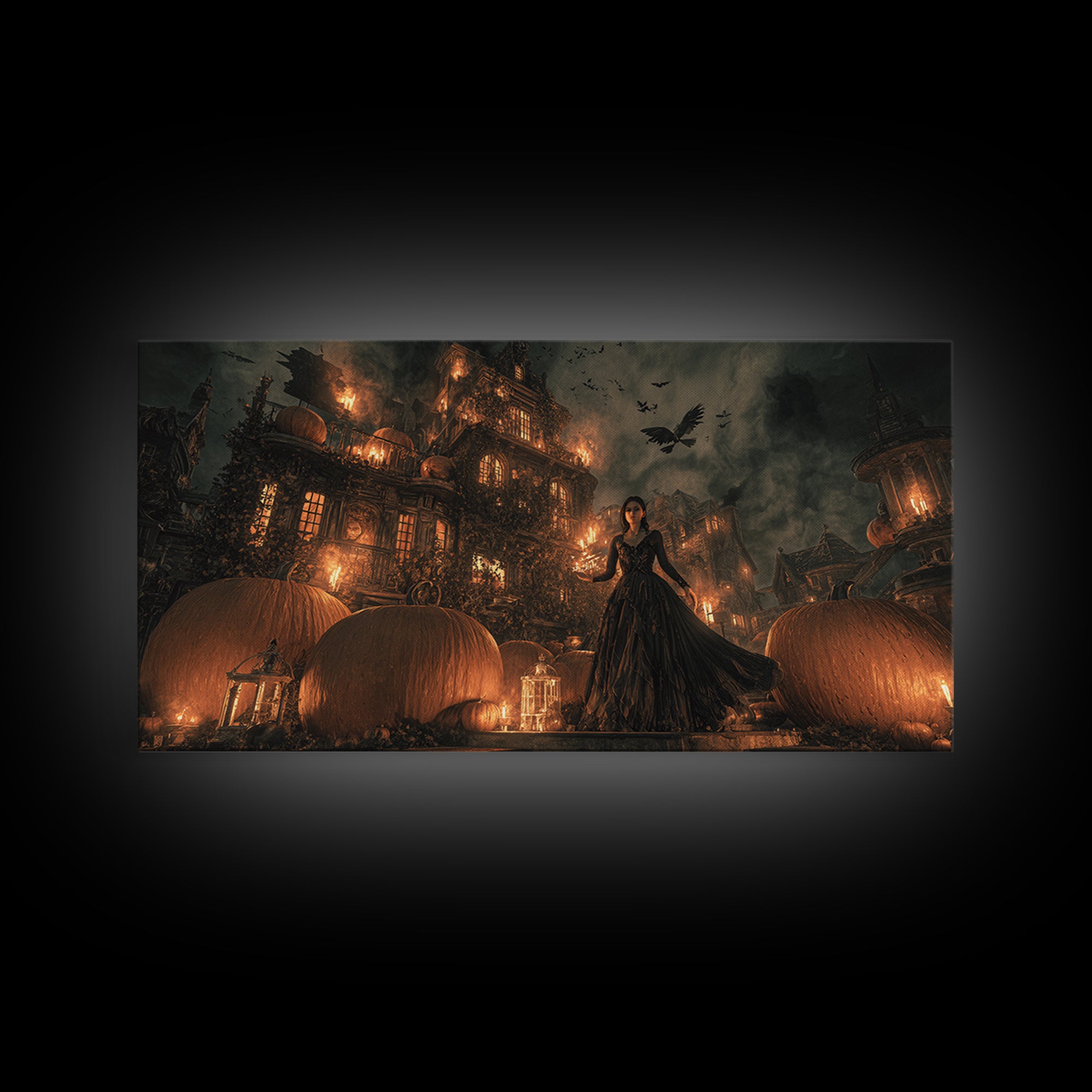 The Pumpkin-House Neighborhood, Visionary Gothic Art, Wide Panoramic Art, Macabre Wall Art, Framed Canvas Print, Halloween Wall Art