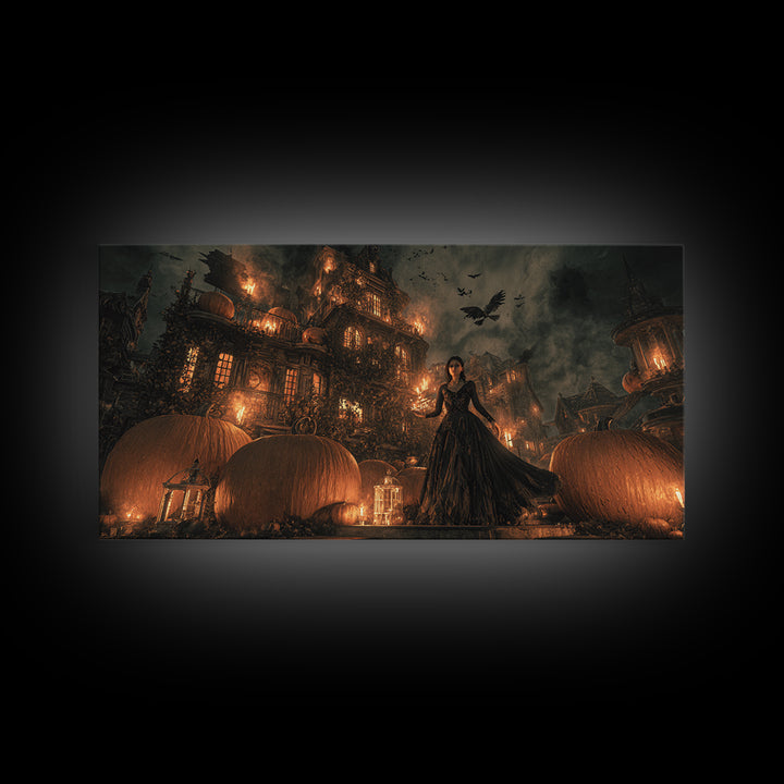 The Pumpkin-House Neighborhood, Visionary Gothic Art, Wide Panoramic Art, Macabre Wall Art, Framed Canvas Print, Halloween Wall Art