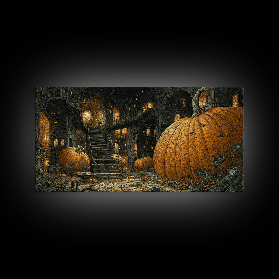 The Pumpkin-House Neighborhood, Architectural Etching Art, Wide Panoramic Art, Gothic Horror Wall Art, Canvas Print