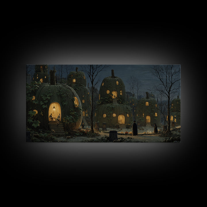 The Pumpkin-House Neighborhood, Romantic Gothic Landscape, Wide Panoramic Art, Macabre Wall Art, Framed Canvas Print
