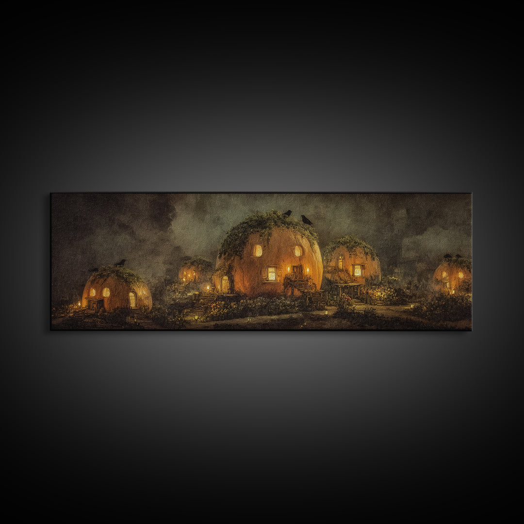 The Pumpkin-House Neighborhood, Symbolist Dream Art, Extra Wide Wall Art, Dark Fantasy Wall Art, Framed Canvas Print, Halloween Decor