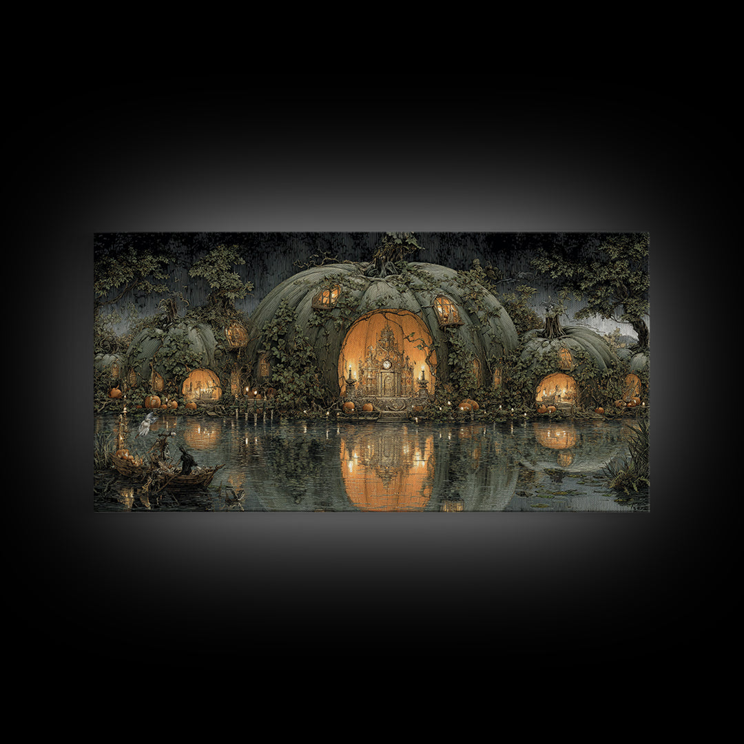The Pumpkin-House Neighborhood, Symbolist Gothic Landscape, Wide Panoramic Art, Dark Halloween Decor, Canvas Print, Halloween Wall Art