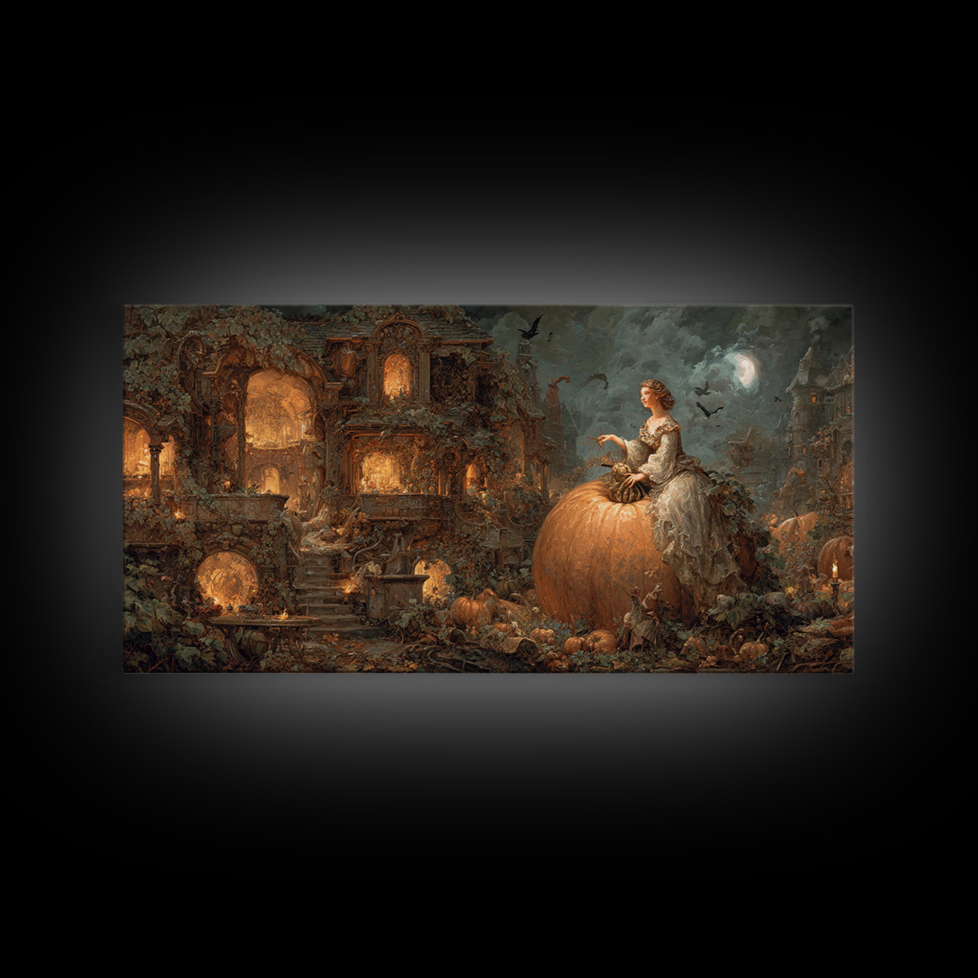 The Pumpkin-House Neighborhood, Ornate Symbolist Art, Wide Panoramic Art, Dark Halloween Decor, Framed Canvas Print