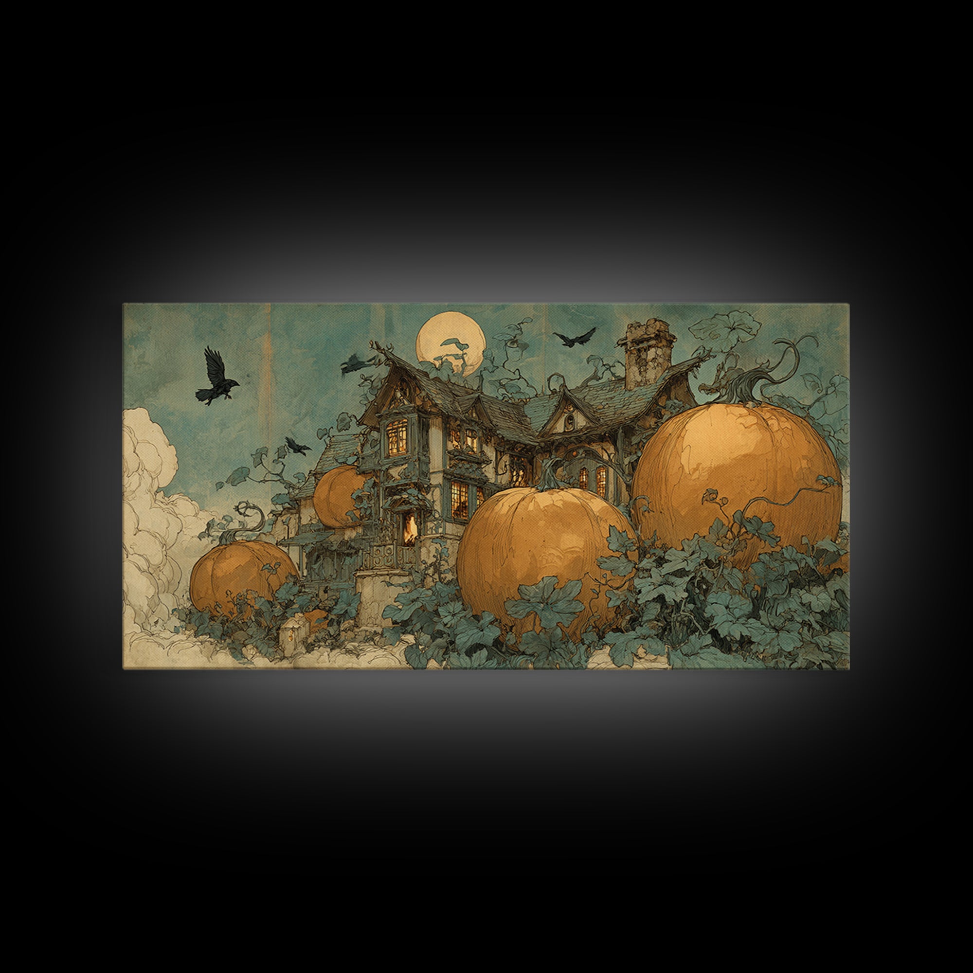 The Pumpkin-House Neighborhood, Decadent Gothic Art, Wide Panoramic Art, Dark Fantasy Wall Art, Framed Canvas Print