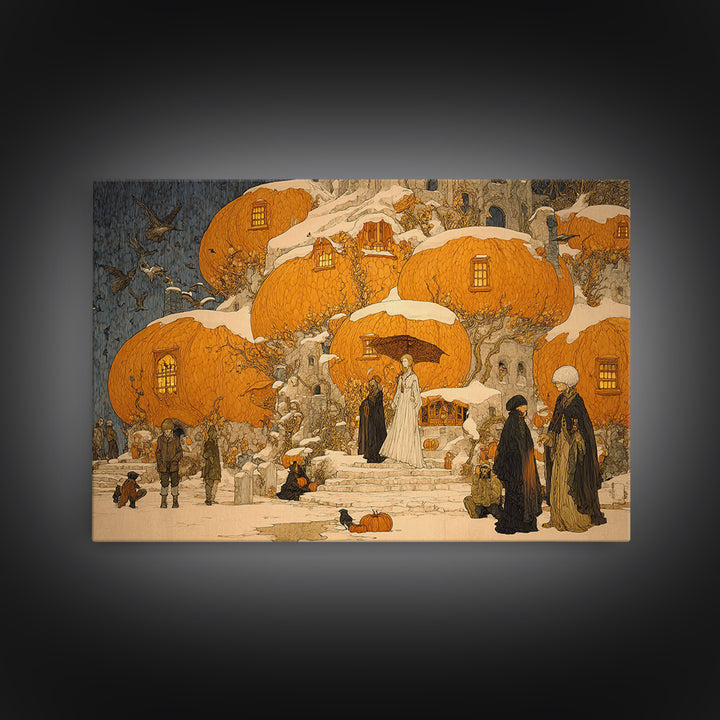 The Pumpkin-House Neighborhood, Symbolist Death Art, Landscape Wall Art, Macabre Wall Art, Framed Canvas Print, Halloween Wall Art