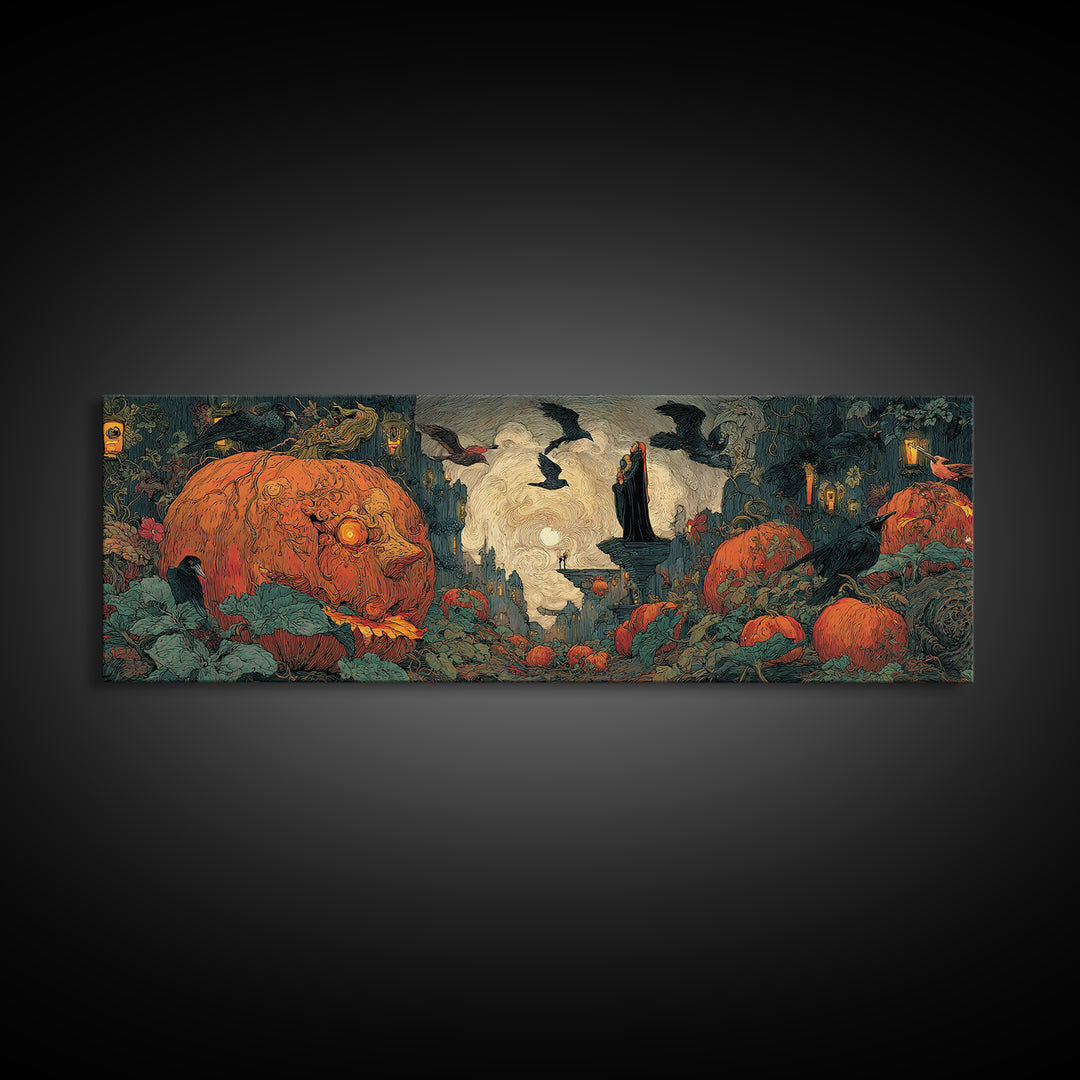 The Pumpkin-House Neighborhood, Dark Symbolist Art, Extra Wide Wall Art, Macabre Wall Art, Framed Canvas Print, Halloween Wall Art