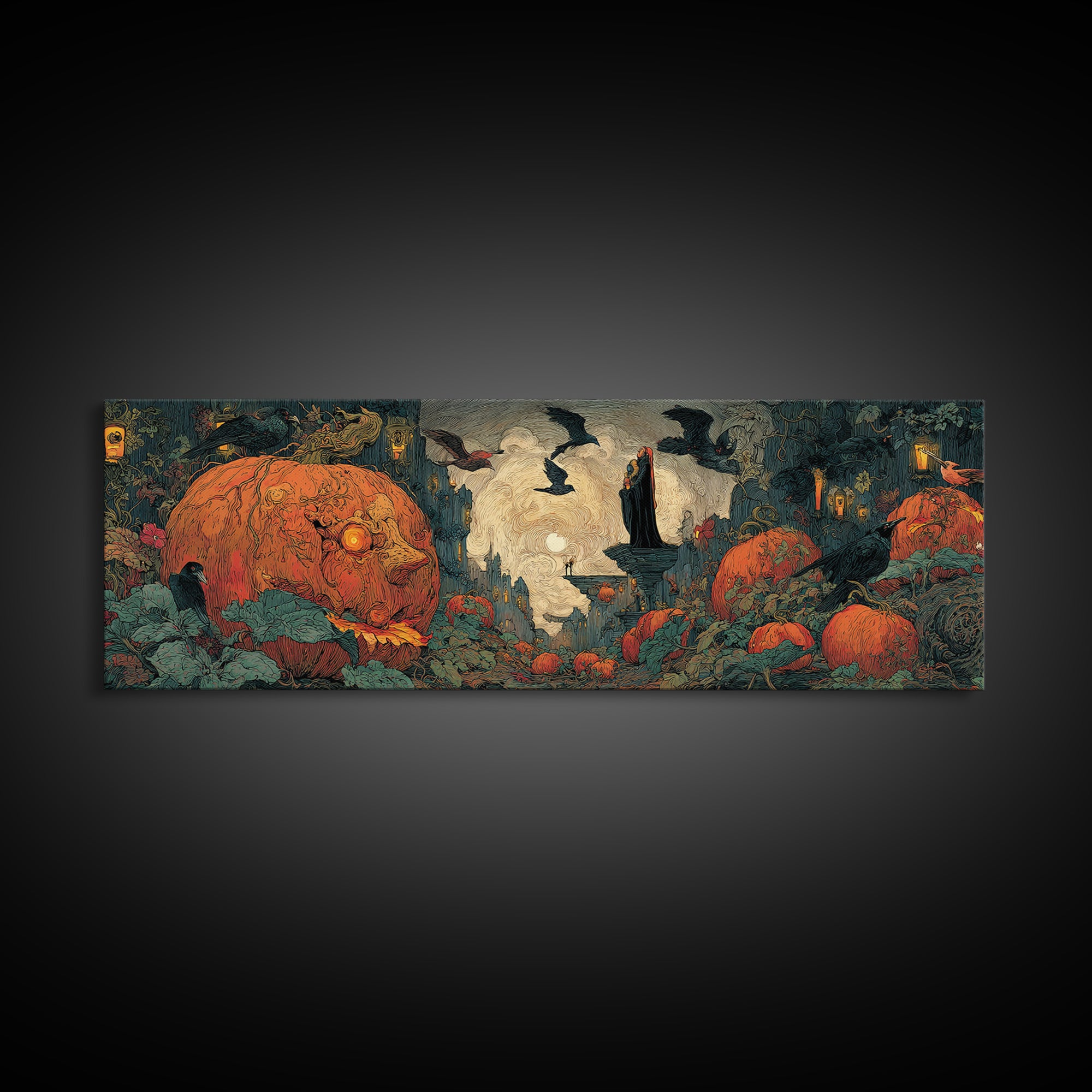 The Pumpkin-House Neighborhood, Dark Symbolist Art, Extra Wide Wall Art, Macabre Wall Art, Framed Canvas Print, Halloween Wall Art