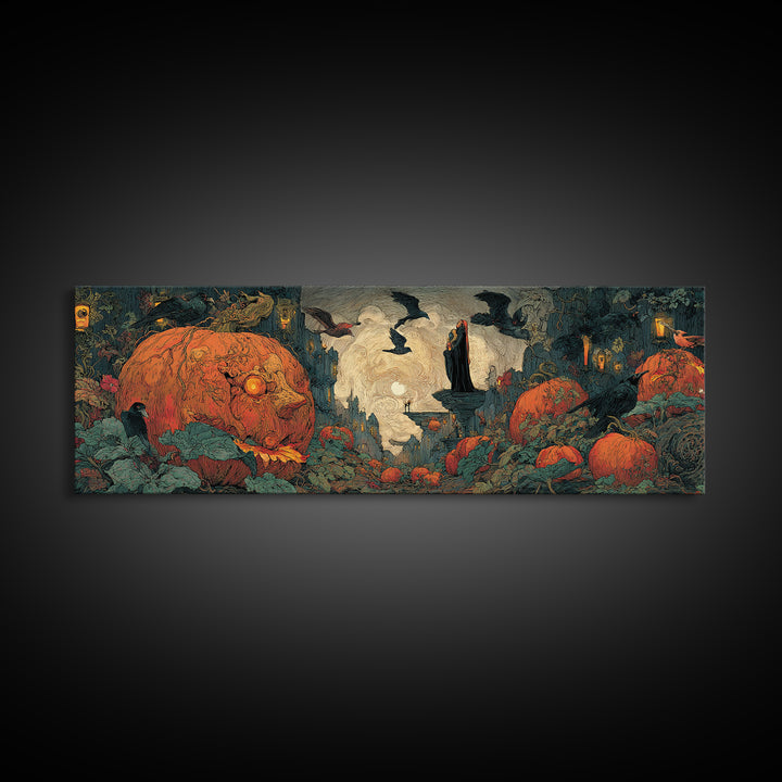 The Pumpkin-House Neighborhood, Dark Symbolist Art, Extra Wide Wall Art, Macabre Wall Art, Framed Canvas Print, Halloween Wall Art