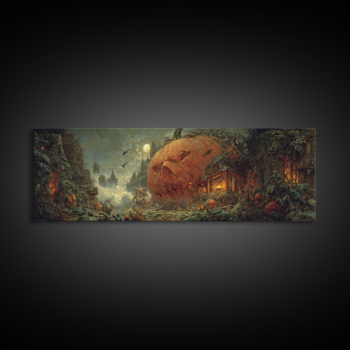 The Pumpkin-House Neighborhood, Symbolist Etching Art, Extra Wide Wall Art, Gothic Horror Wall Art, Framed Canvas Print, Dark Fantasy Art