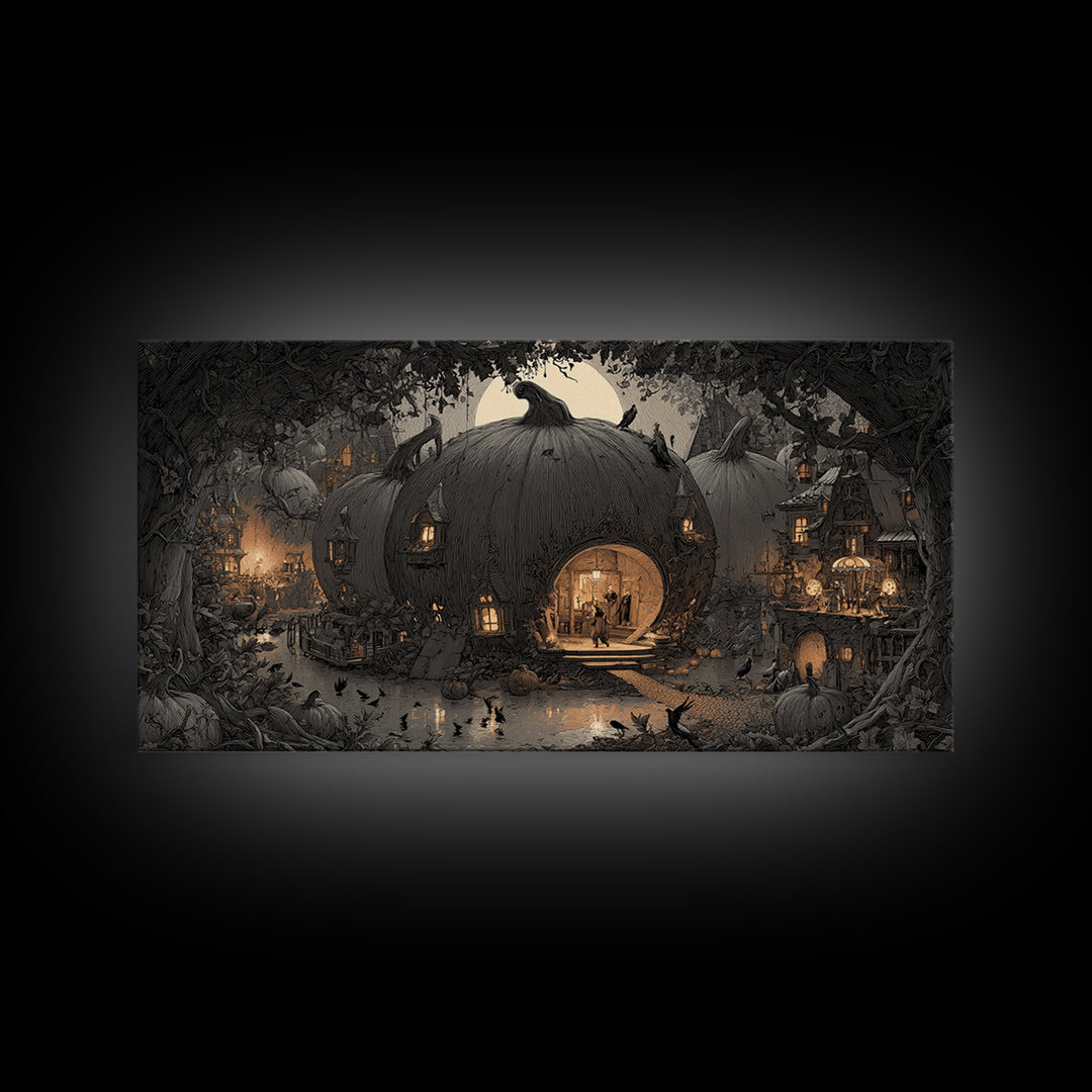 The Pumpkin-House Neighborhood, Expressionist Nightmare Art, Wide Panoramic Art, Gothic Horror Wall Art, Framed Canvas Print
