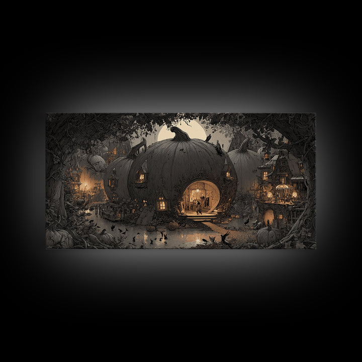 The Pumpkin-House Neighborhood, Expressionist Nightmare Art, Wide Panoramic Art, Gothic Horror Wall Art, Framed Canvas Print