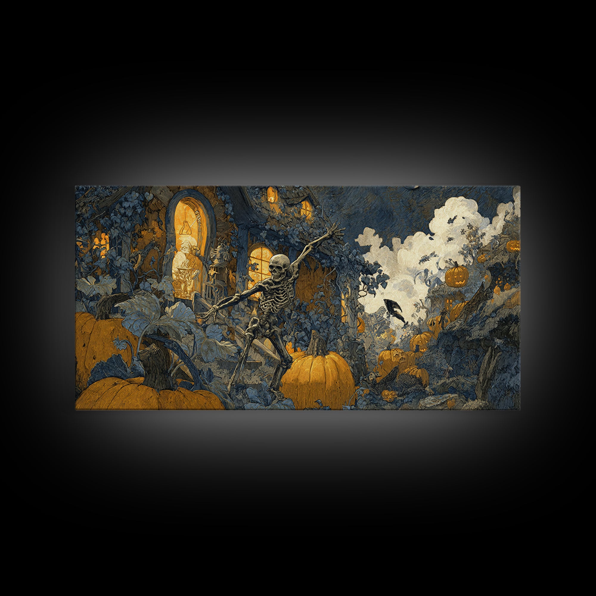 The Pumpkin-House Neighborhood, Grotesque Carnival Art, Wide Panoramic Art, Dark Halloween Decor, Framed Canvas Print, Halloween Wall Art