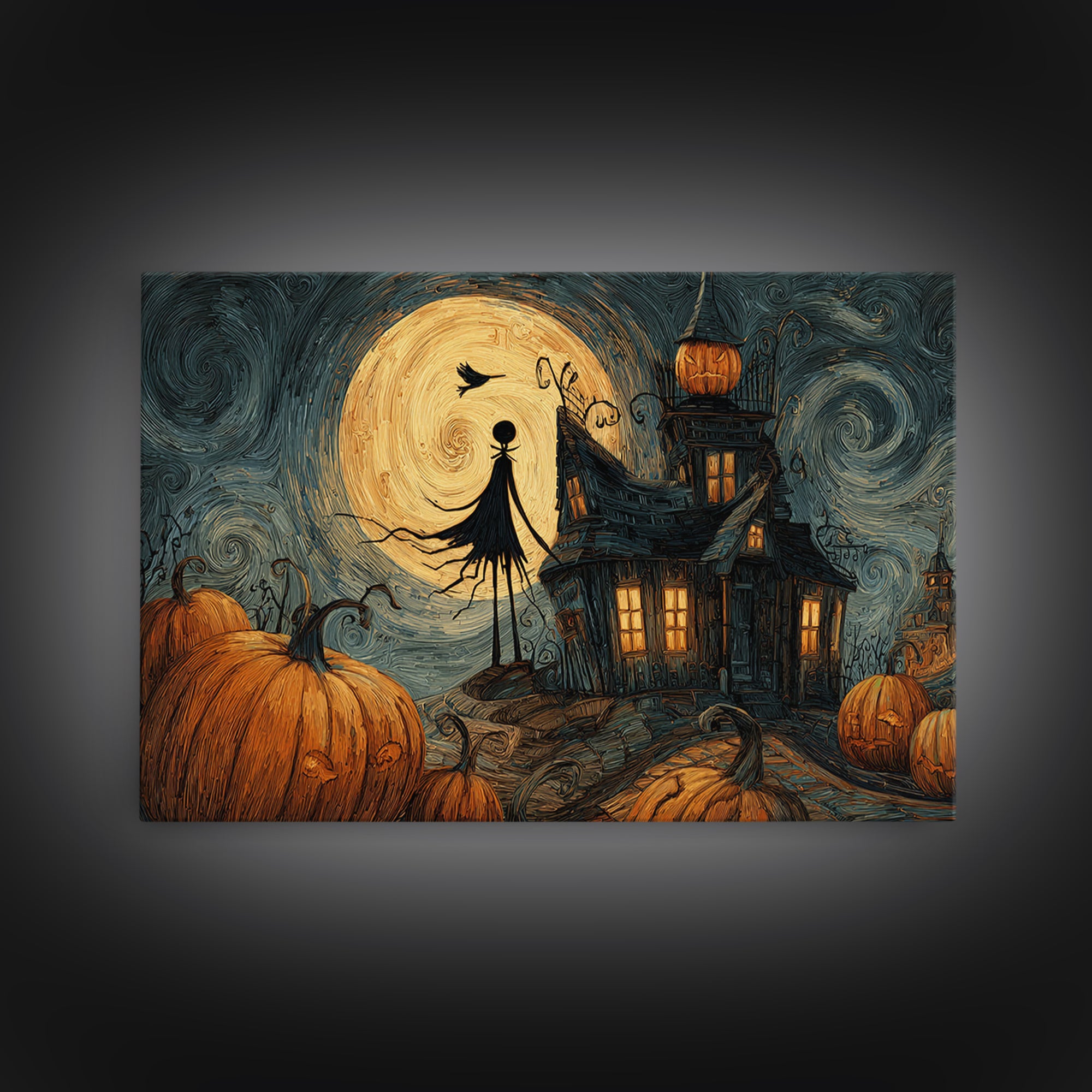 The Pumpkin-House Neighborhood, Expressionist Gothic Art, Landscape Wall Art, Gothic Horror Wall Art, Framed Canvas Print, Dark Fantasy Art