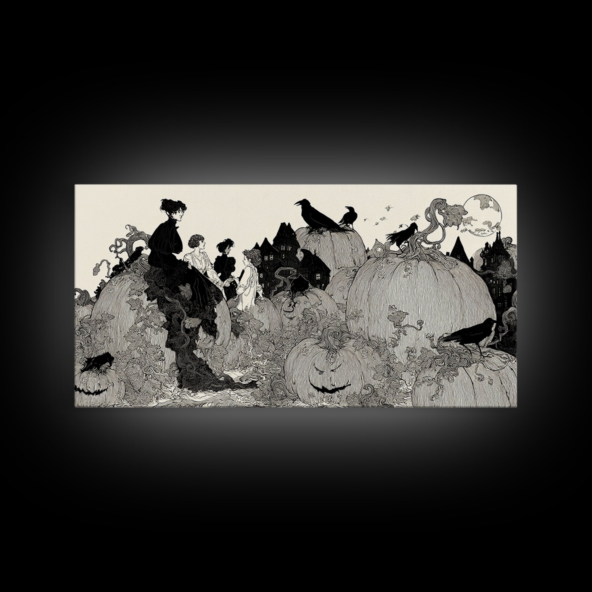 The Pumpkin-House Neighborhood, Decadent Line Art, Wide Panoramic Art, Dark Fantasy Wall Art, Framed Canvas Print