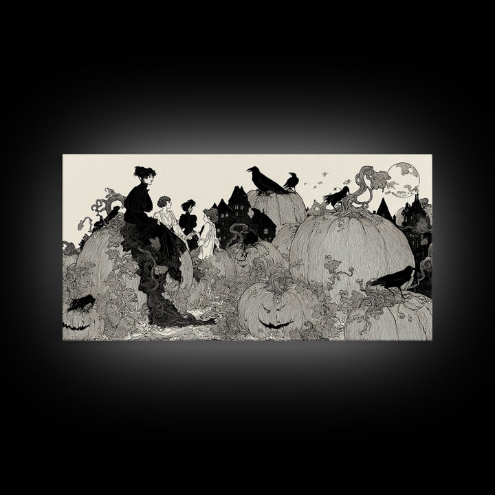 The Pumpkin-House Neighborhood, Decadent Line Art, Wide Panoramic Art, Dark Fantasy Wall Art, Framed Canvas Print