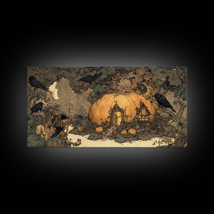 The Pumpkin-House Neighborhood, Gothic Storybook Art, Wide Panoramic Art, Gothic Horror Wall Art, Framed Canvas Print