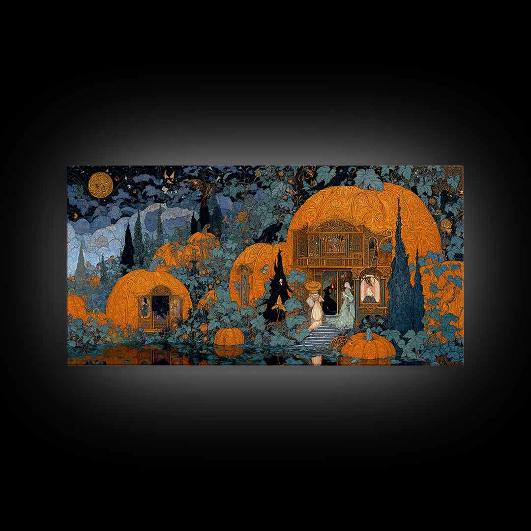 The Pumpkin-House Neighborhood, Stained Glass Gothic Art, Wide Panoramic Art, Dark Halloween Decor, Framed Canvas Print, Halloween Wall Art