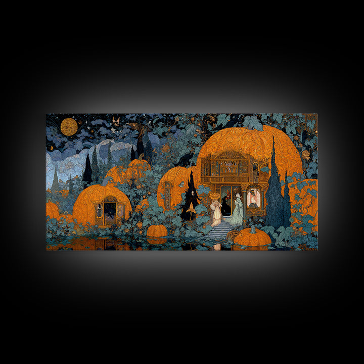 The Pumpkin-House Neighborhood, Stained Glass Gothic Art, Wide Panoramic Art, Dark Halloween Decor, Framed Canvas Print, Halloween Wall Art