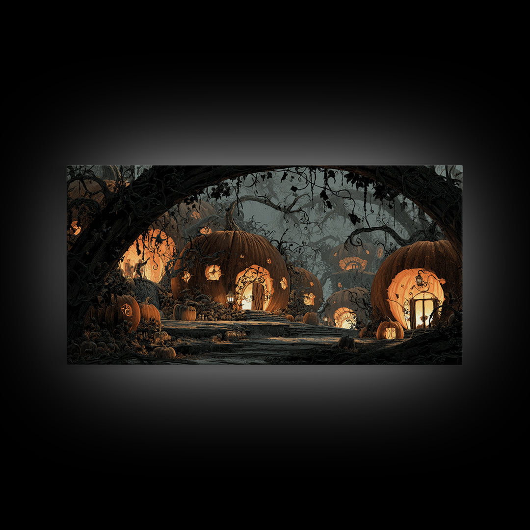 The Pumpkin-House Neighborhood, Macabre Folk Print Art, Wide Panoramic Art, Macabre Wall Art, Framed Canvas Print