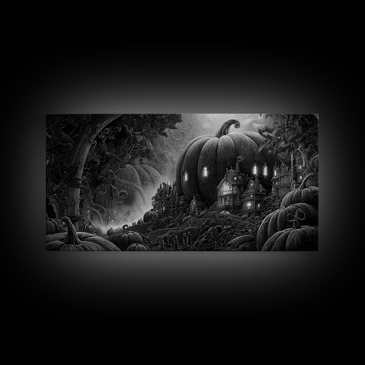 The Pumpkin-House Neighborhood, Biomechanical Horror Art, Wide Panoramic Art, Dark Halloween Decor, Framed Canvas Print, Halloween Wall Art