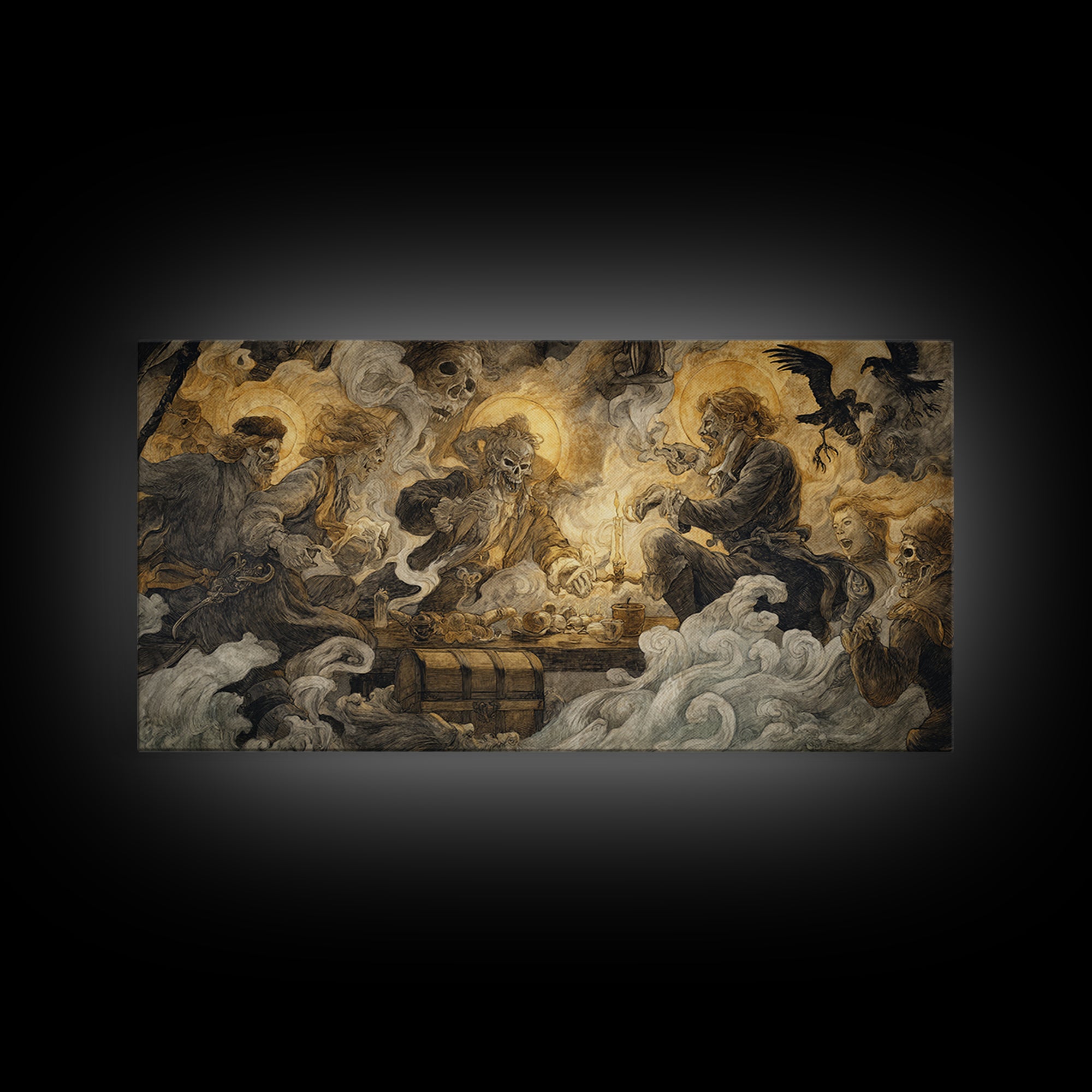 The Ghost Pirate Picnic, Dark Renaissance Art, Wide Panoramic Art, Dark Fantasy Wall Art, Canvas Print, Halloween Wall Art
