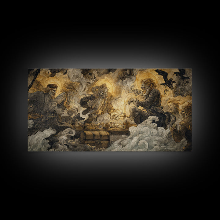 The Ghost Pirate Picnic, Dark Renaissance Art, Wide Panoramic Art, Dark Fantasy Wall Art, Canvas Print, Halloween Wall Art