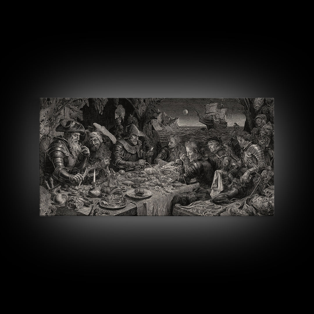 The Ghost Pirate Picnic, Renaissance Engraving Art, Wide Panoramic Art, Gothic Horror Wall Art, Canvas Print, Halloween Wall Art