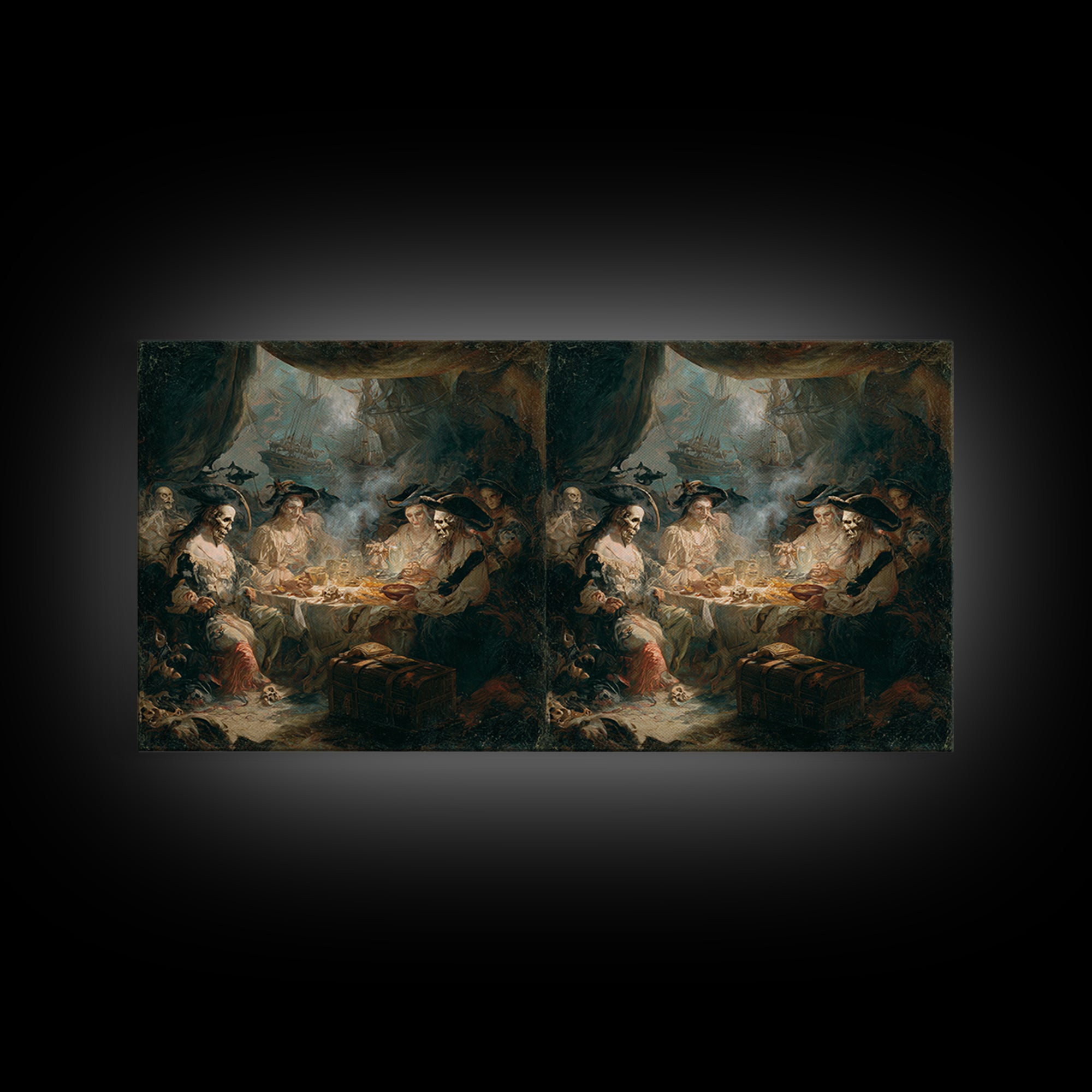 The Ghost Pirate Picnic, Dark Romantic Horror Art, Wide Panoramic Art, Dark Fantasy Wall Art, Canvas Print, Halloween Wall Art