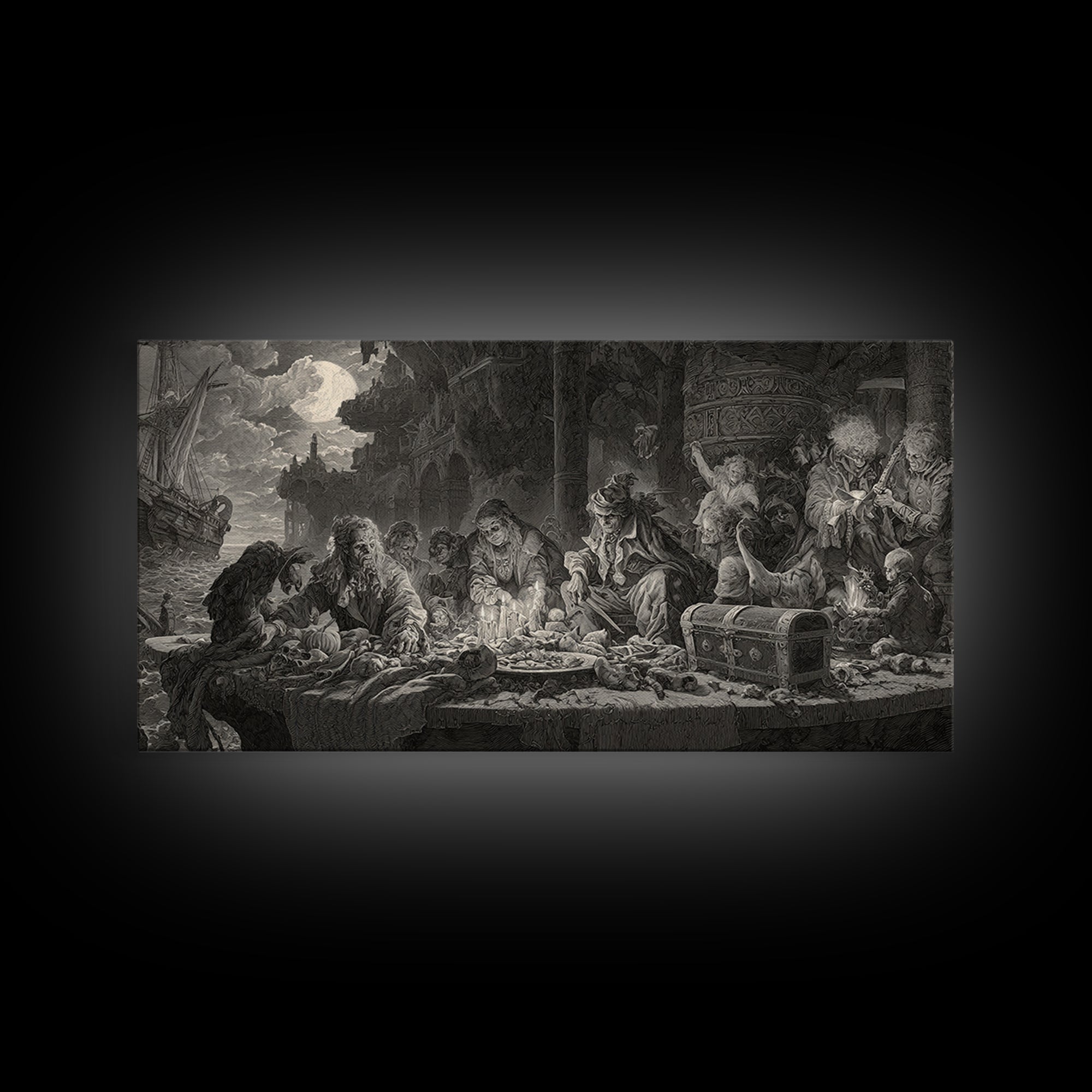 The Ghost Pirate Picnic, Architectural Etching Art, Wide Panoramic Art, Dark Halloween Decor, Framed Canvas Print