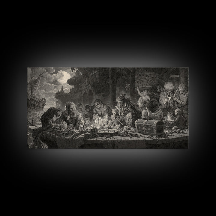 The Ghost Pirate Picnic, Architectural Etching Art, Wide Panoramic Art, Dark Halloween Decor, Framed Canvas Print