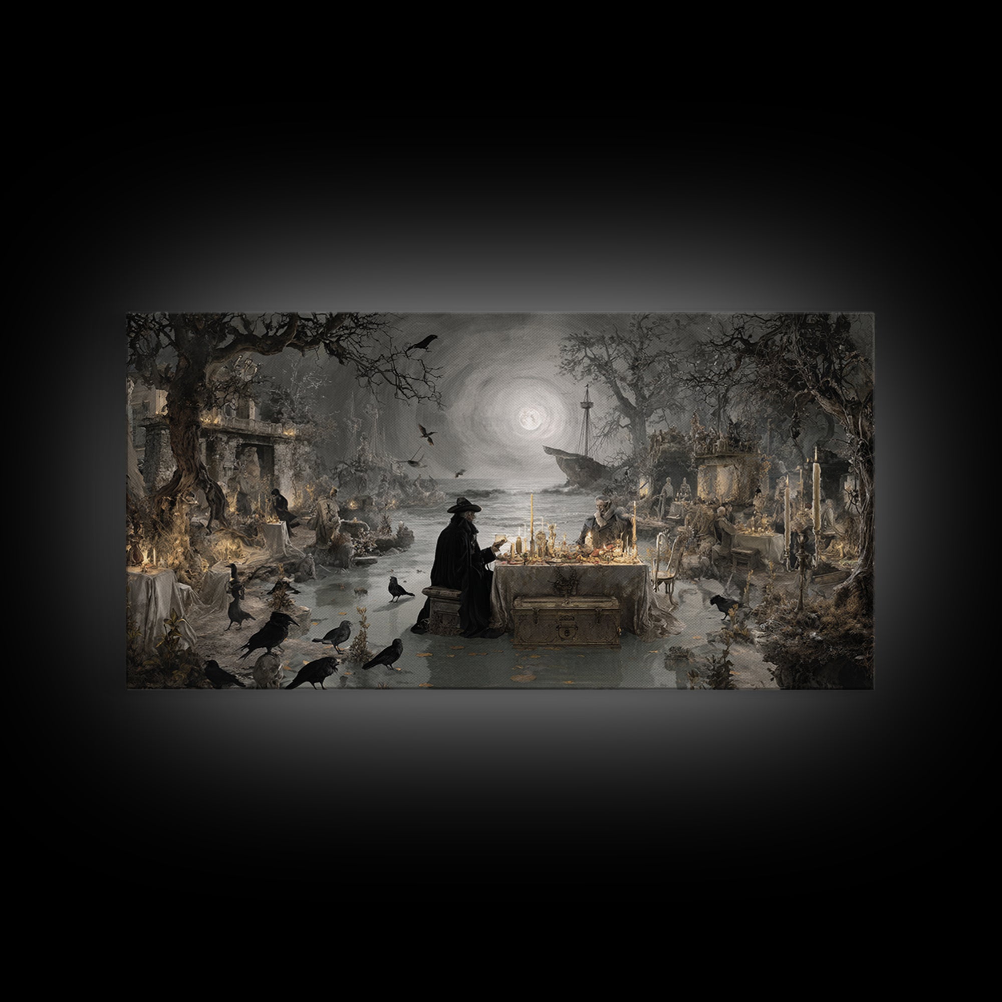 The Ghost Pirate Picnic, Romantic Gothic Landscape, Wide Panoramic Art, Macabre Wall Art, Framed Canvas Print, Halloween Wall Art