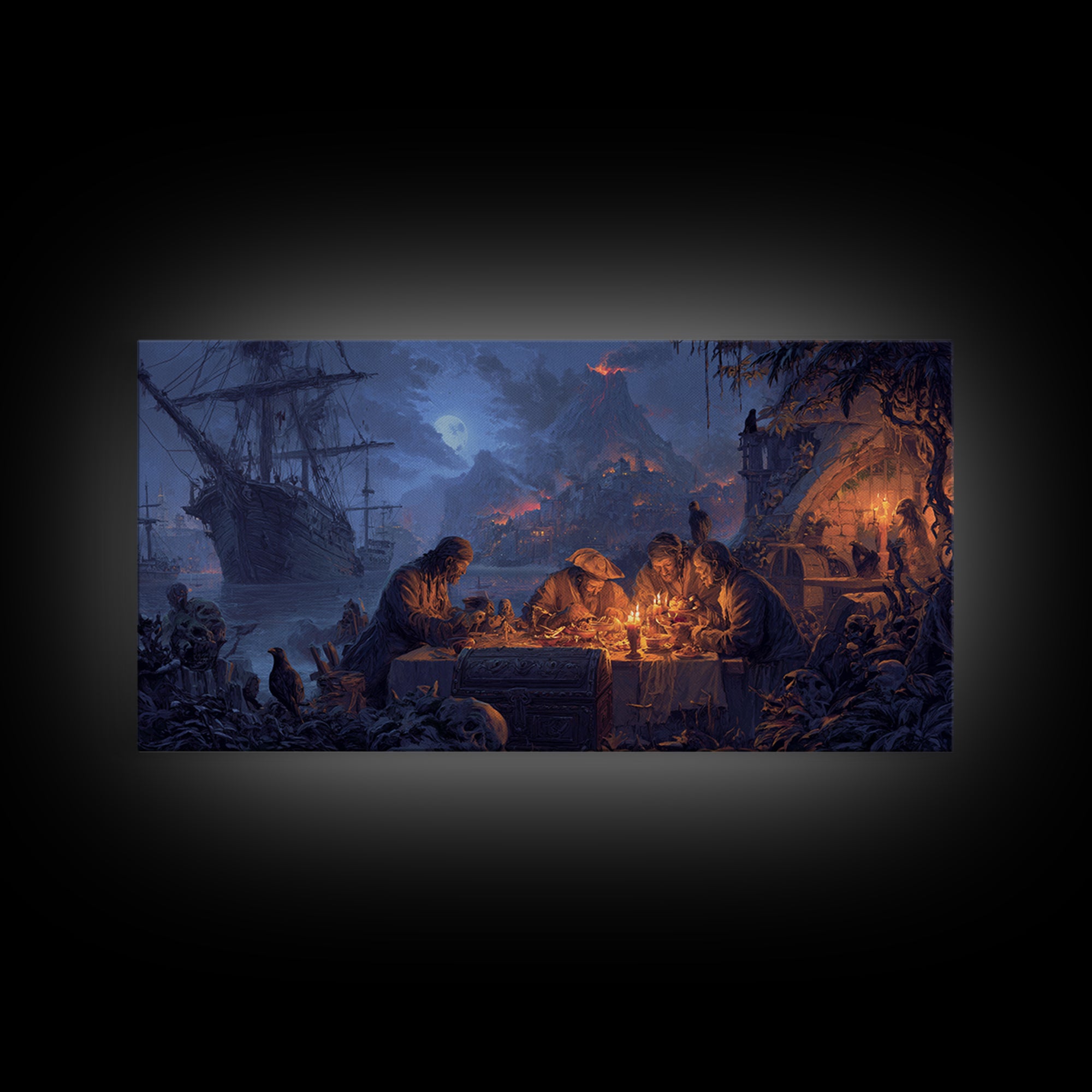 The Ghost Pirate Picnic, Apocalyptic Romantic Art, Wide Panoramic Art, Macabre Wall Art, Framed Canvas Print, Halloween Wall Art