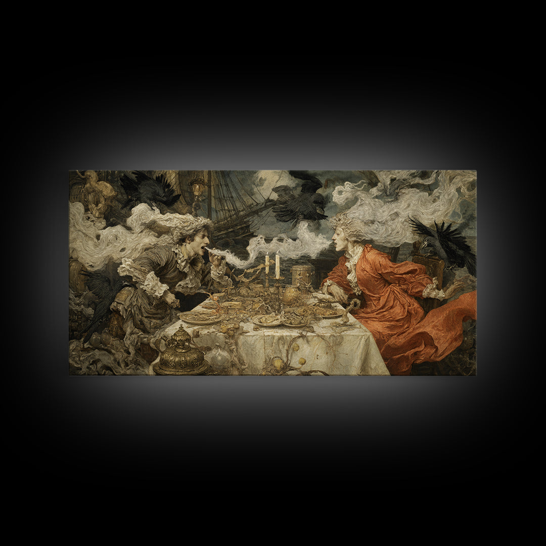 The Ghost Pirate Picnic, Ornate Symbolist Art, Wide Panoramic Art, Dark Halloween Decor, Canvas Print, Halloween Wall Art