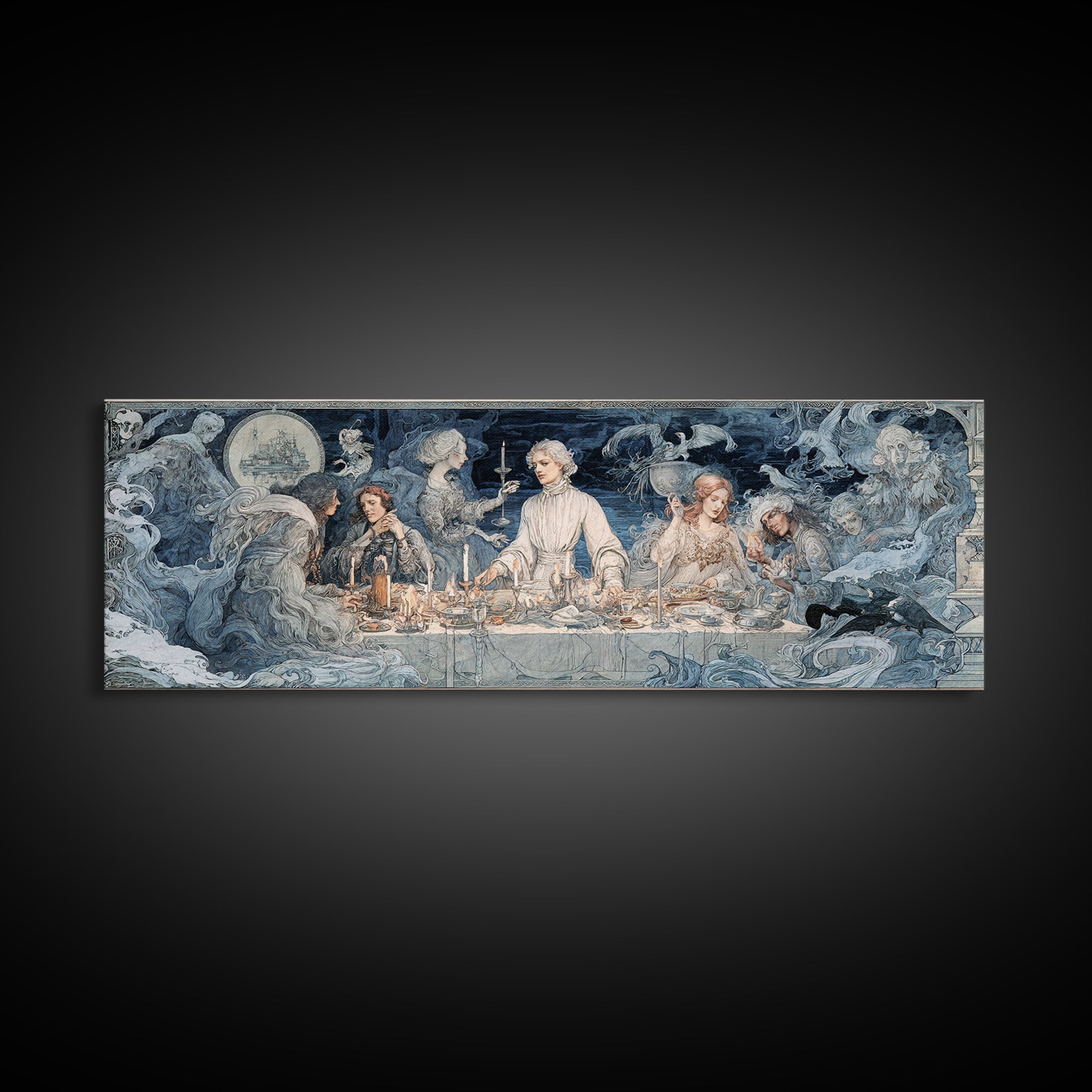 The Ghost Pirate Picnic, Symbolist Death Art, Extra Wide Wall Art, Dark Fantasy Wall Art, Framed Canvas Print, Halloween Wall Art
