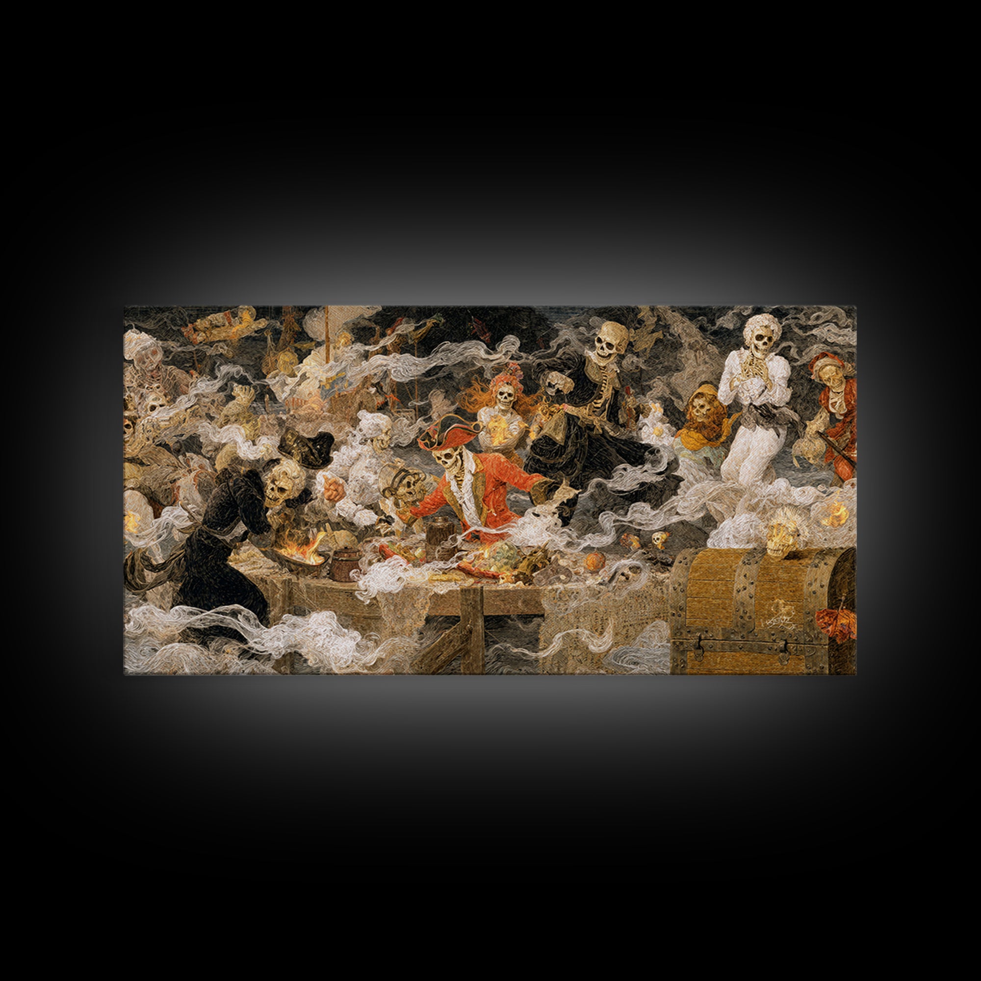 The Ghost Pirate Picnic, Grotesque Carnival Art, Wide Panoramic Art, Dark Fantasy Wall Art, Framed Canvas Print, Halloween Wall Art