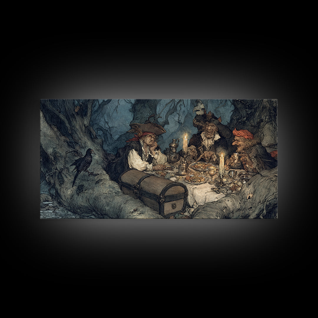 The Ghost Pirate Picnic, Gothic Storybook Art, Wide Panoramic Art, Dark Fantasy Wall Art, Canvas Print, Halloween Wall Art