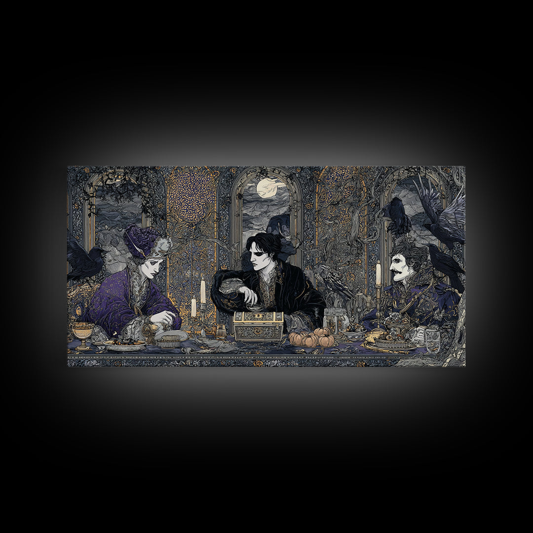 The Ghost Pirate Picnic, Stained Glass Gothic Art, Wide Panoramic Art, Dark Halloween Decor, Framed Canvas Print, Halloween Wall Art