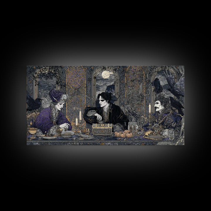 The Ghost Pirate Picnic, Stained Glass Gothic Art, Wide Panoramic Art, Dark Halloween Decor, Framed Canvas Print, Halloween Wall Art